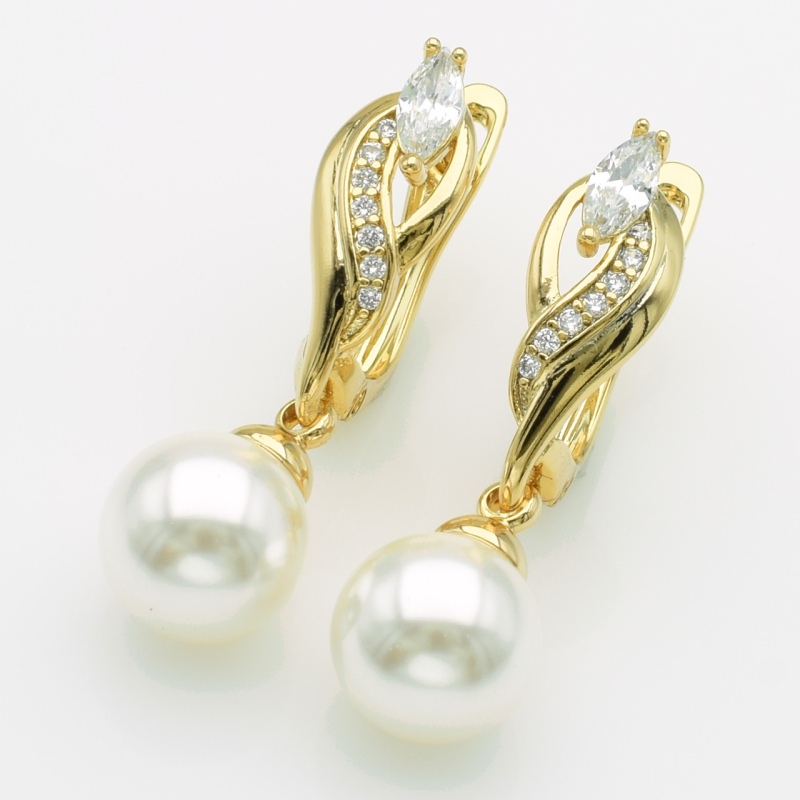 XUPING Серьги Позолота 18к с жемчугом и белыми цирконами Высота 2.7см, Ширина 0.8см