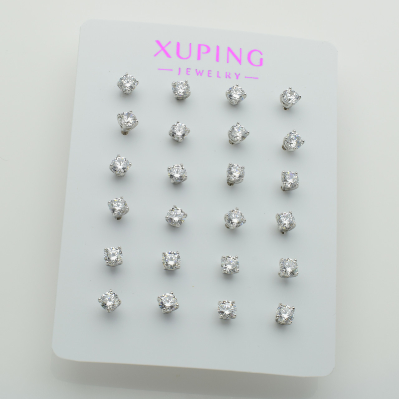 XUPING Серьги Родий с белыми цирконами 12 пар, Высота 0.4см, Ширина 0.4см